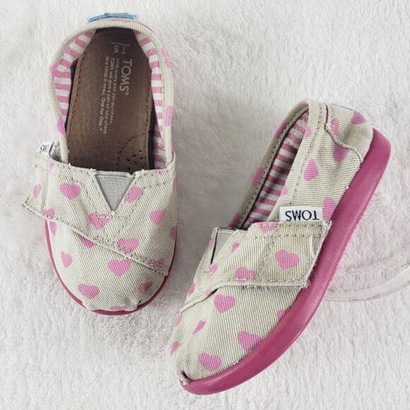 Toms Slip-on Flats Kids 5T Alpargata Pink Heart Pattern Taupe Background - Picture 1 of 10